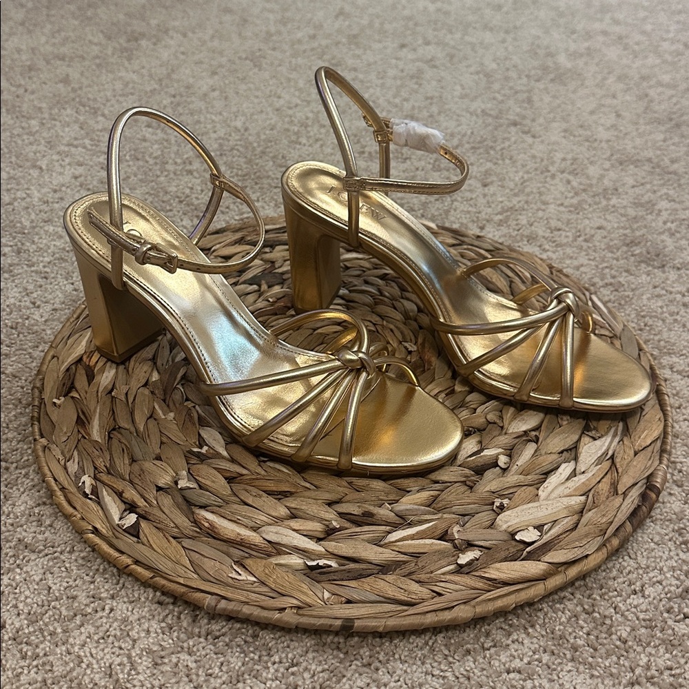 J Crew Skinny Strap Knotted Heeled Sandals in Sun-kissed Gold